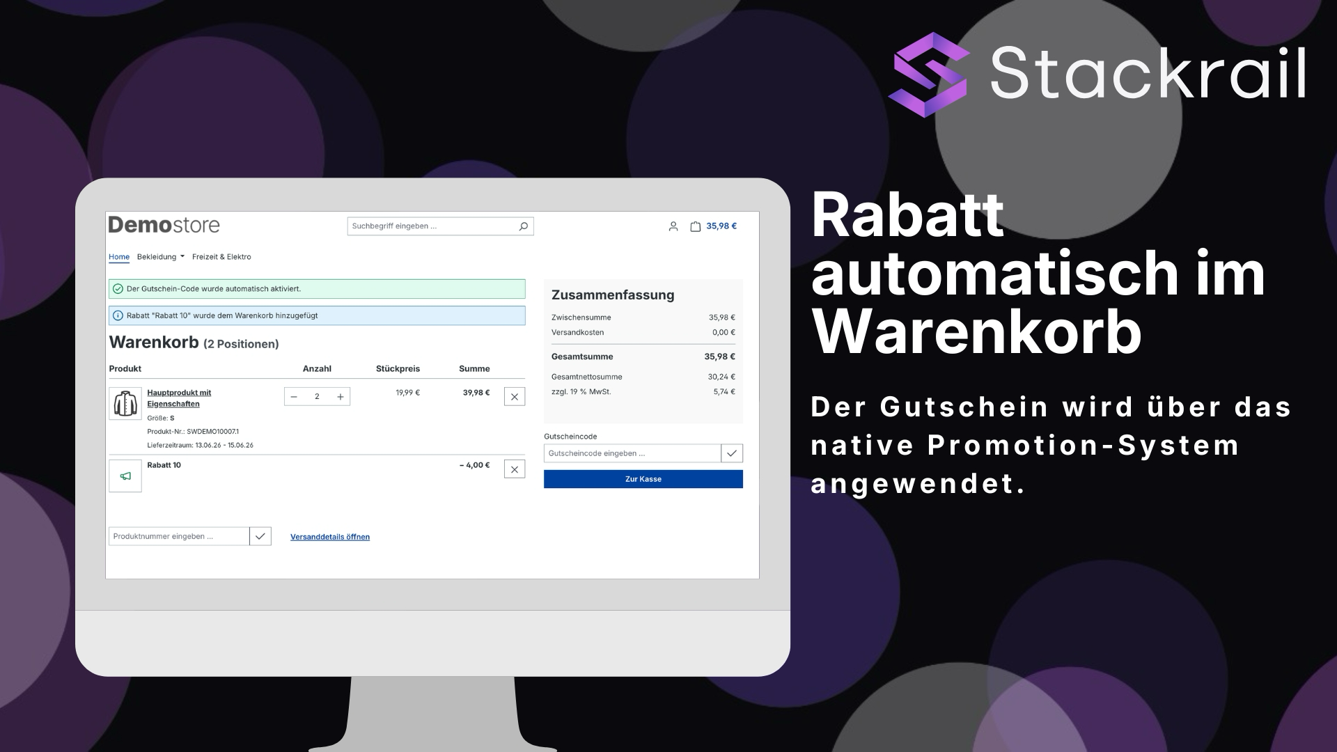 Shopware Storefront-Warenkorb mit automatisch eingelöstem Gutschein über das native Promotion-System