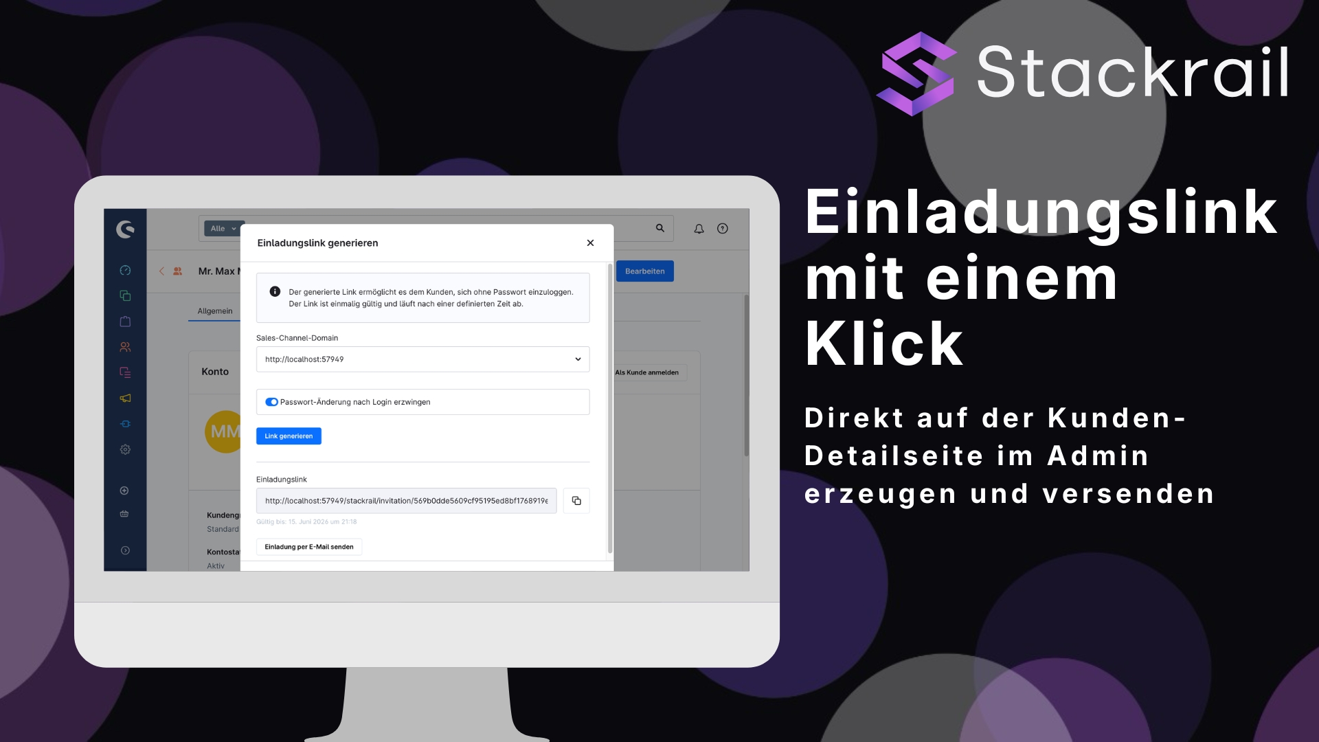 Shopware Admin Kunden-Detailseite mit Fenster zum Generieren und Versenden des Einladungslinks