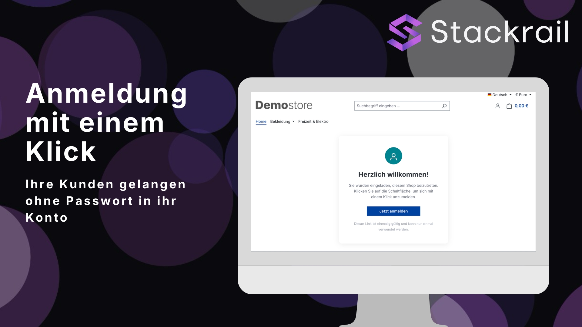 Shopware Storefront mit Willkommensseite und Schaltfläche für die Anmeldung ohne Passwort