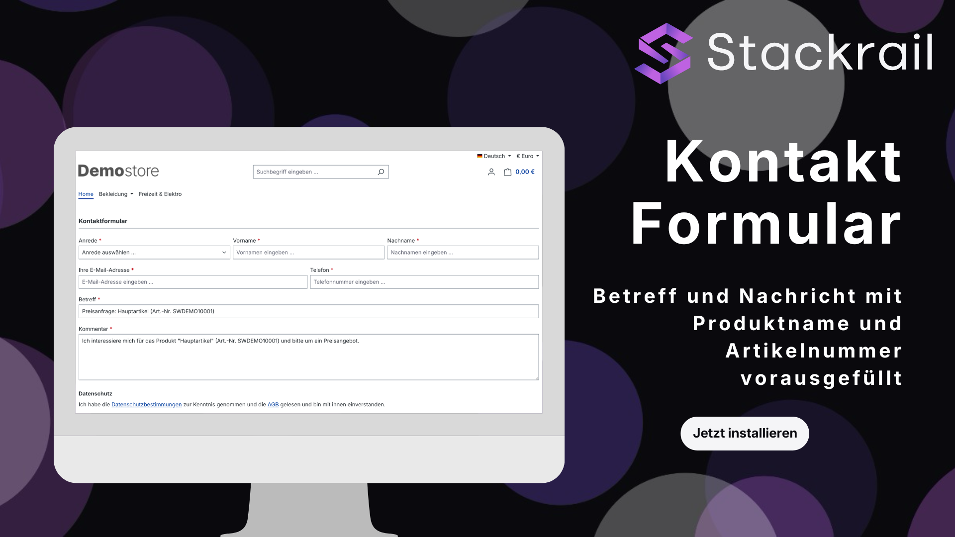 Shopware Kontaktformular mit vorausgefülltem Betreff und Produktdaten für Preis auf Anfrage