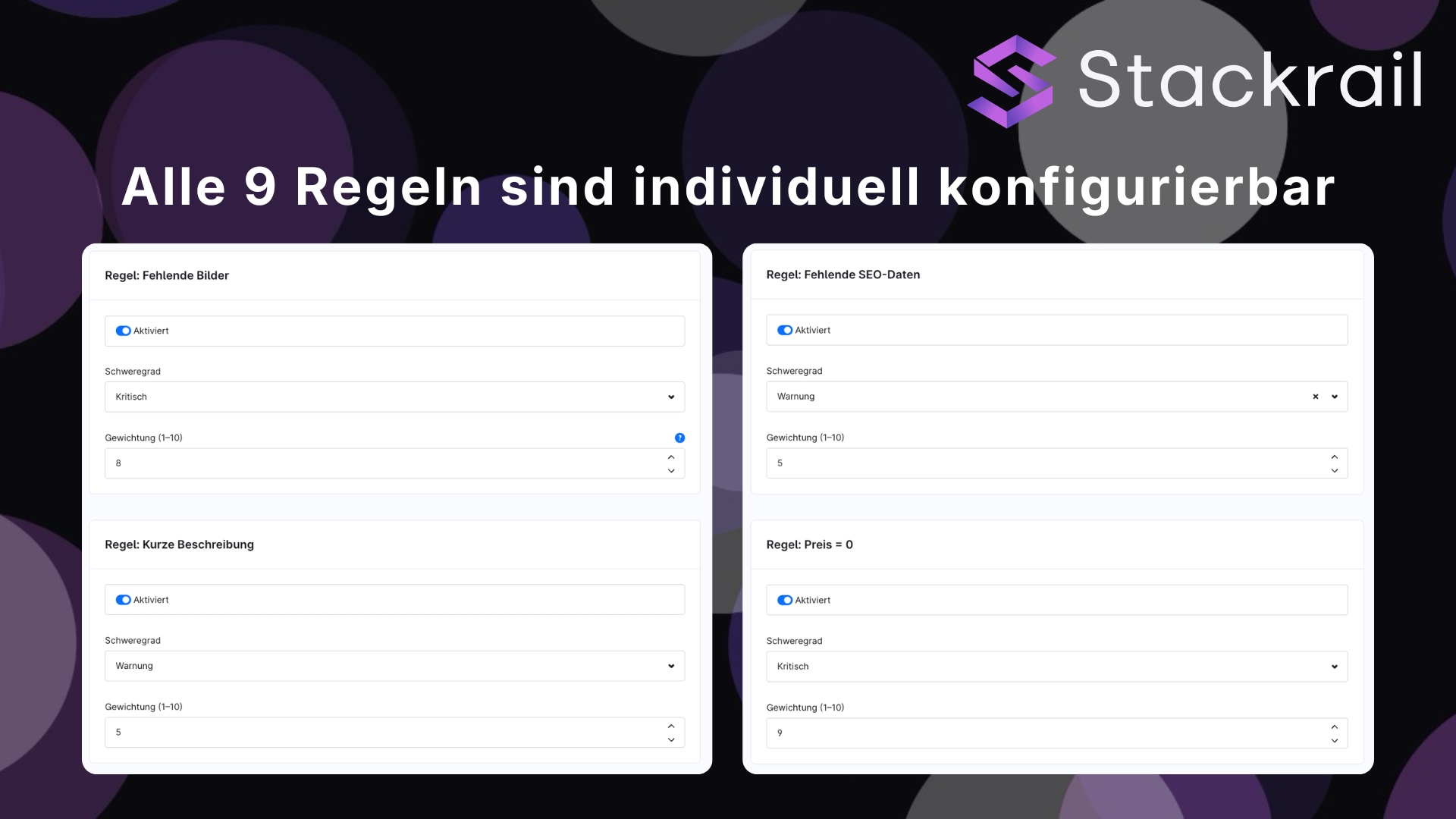 Shopware Data Quality Konfiguration fuer aktivierbare Regeln mit Schweregrad und Gewichtung