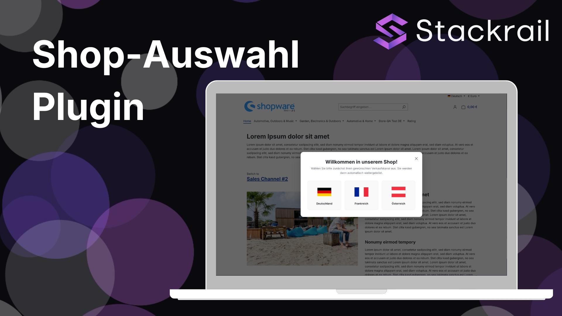 Shopware Startseite mit Shop-Auswahl Modal auf Desktop